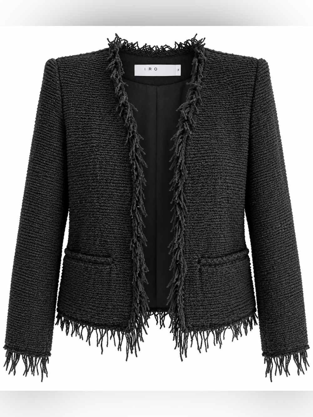 IRO Shavani Black Fringed Classic Tweed Jacket Size 38